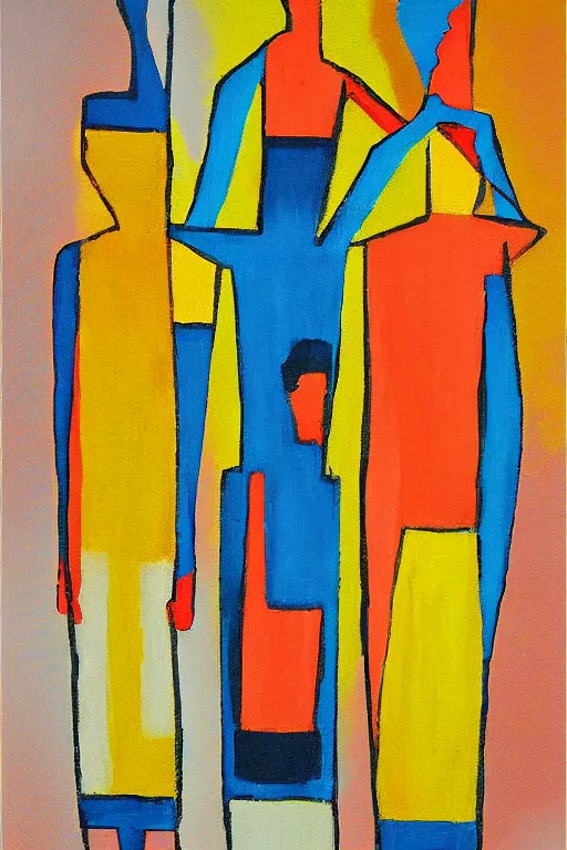 Prompt: neo cubistic painting of three tall figures, very abstract, sandy colors, clear brush strokes, in the style of Jessalyn Brooks