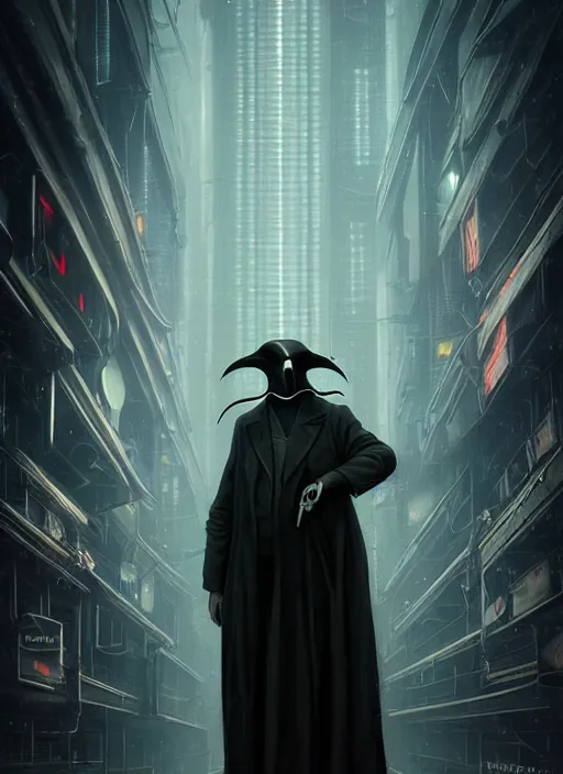 Prompt: symmetry!! portrait of plague doctor in tuxedo, fog, sci - fi -, cyberpunk, blade runner, glowing lights, tech, biotech, techwear!! intricate, elegant, highly detailed, digital painting, artstation, concept art, smooth, sharp focus, blur, short focal length, illustration, art by artgerm and greg rutkowski and alphonse mucha