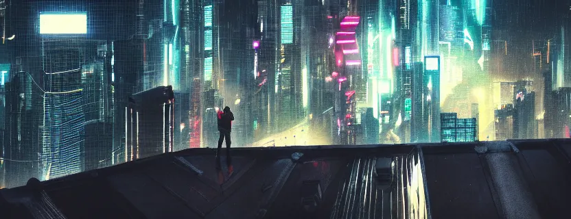 Image similar to shot of the man standing on the roof, looks at impressive cyberpunk city at night during great storm, nightscape, futuristic architecture, realistic photo, neons, blade runner, akira style, cinematic lighting, cinematic angles