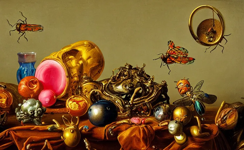 Image similar to disturbing colorful oil painting dutch golden age vanitas still life with bizarre objects strange gooey surfaces shiny metal bizarre insects rachel ruysch dali todd schorr very detailed perfect composition rule of thirds masterpiece canon 5 0 mm, cinematic lighting, photography, retro, film, kodachrome