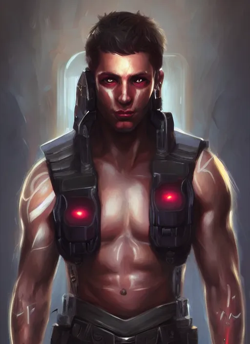 Image similar to « a portrait of a muscular cyberpunk male warrior, jesus, glowing eyes, a digital painting by charlie bowater, featured on cgsociety, fantasy art, behance hd, wiccan, artstation hd »