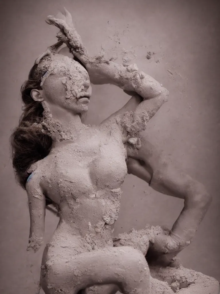 Prompt: beautiful photograph of a model made of clay as a high end fashion shoot