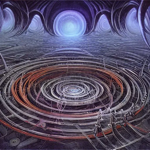 Image similar to a quantum computer, a dark cabal of hooded mystics in long robes gathered in a circular formation around a highly advanced quantum computer processing the spirits of the dead, epic scifi art, dan seagrave art, michael whelan