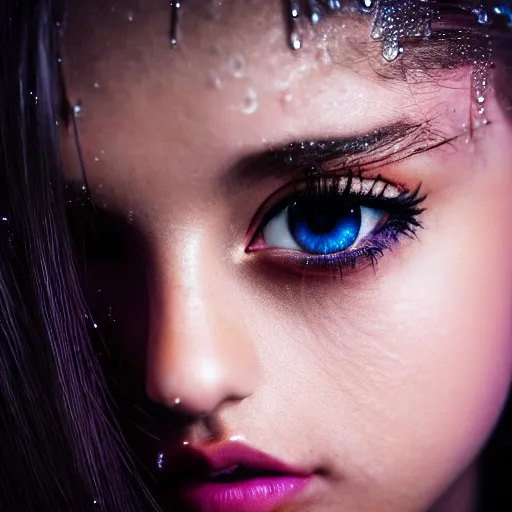 Image similar to Ariana Grande, grungy, unkept hair, glowing eyes, modelsociety, wet from rain, radiant skin, huge anime eyes, bright on black, dramatic, studio lighting, perfect face, intricate, Sony a7R IV, symmetric balance, polarizing filter, Photolab, Lightroom, 4K, Dolby Vision, Photography Award