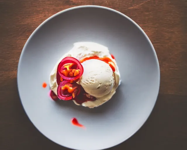 Image similar to dslr food photograph of vanilla ice cream with red onion and ketchup, 8 5 mm f 1. 4