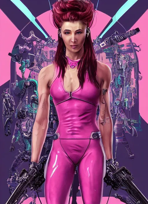 Image similar to beautiful cyberpunk female athlete in pink jumpsuit. lady with blades in arms. ad for cybernetic blade arms. cyberpunk poster by james gurney, azamat khairov, and alphonso mucha. artstationhq. gorgeous face. painting with vivid color, cell shading. ( rb 6 s, cyberpunk 2 0 7 7 )