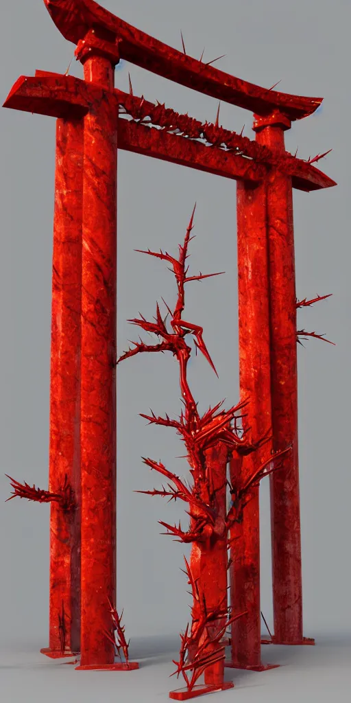 Prompt: 3 d render of a red torii gate sculpture, chrometype, made of liquid metal and marble, neotribal with thorns, japanese temple, raytraced, volumetric lightning, 8 k, by zhelong xu, ouchh and and innate studio