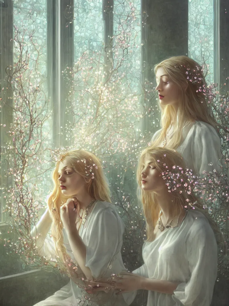 Image similar to a blonde girl in white dress in beautiful window, necklace with a fruit seed ornament, ocean eyes, light freckles, incense smoke and flowers in the background, portrait, mucha, conceptart, medium shot, unreal, octane, symmetrical, photorealism.