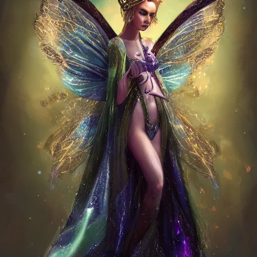 Image similar to detailed portrait of a fairy queen with wings wearing a silk robe, crown, pixie, iris, realism, emerald, galaxy, sapphire,blonde hair going down to the floor, moonlit, wearing a bejeweled mask, dark fantasy, dramatic lighting, cgsociety, artstation