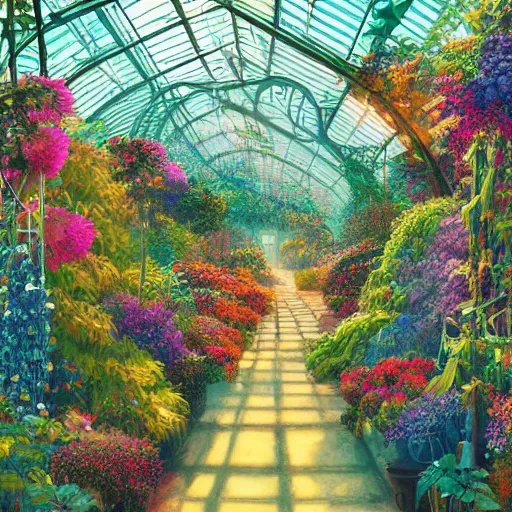 Prompt: painting of a botanical garden greenhouse serene morning light colorful flowers, vivid colors, Alena Aenami, Rebecca Guay, science fiction vintage art