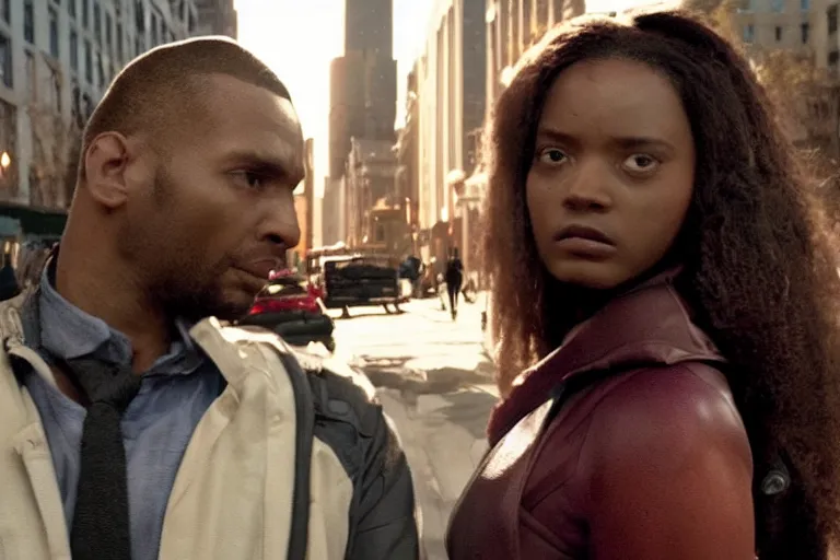 Image similar to movie powerful mutant heroes interracial couple closeup, DC Marvel fashion, VFX powers at night in the city, city street, beautiful skin, natural lighting by Emmanuel Lubezki