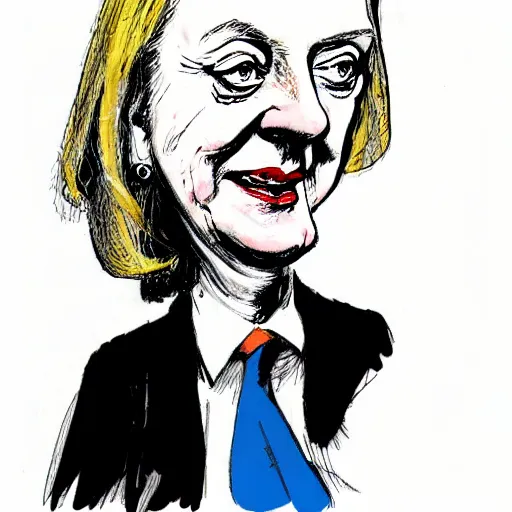 Image similar to Liz Truss looking sad, political cartoon, style of Ralph Steadman