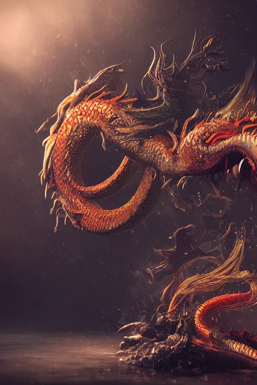 Image similar to swirling liquids mixing together, cheeky asian dragon, extremly detailed, dramatic light, octane render, realistic