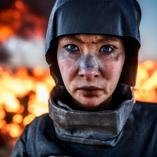 Image similar to photographic portrait of a poor techwear woman holding back tears, a futuristic shanty town burns in the background, closeup, sigma 85mm f/1.4, 4k, depth of field, high resolution, 4k, 8k, hd, full color