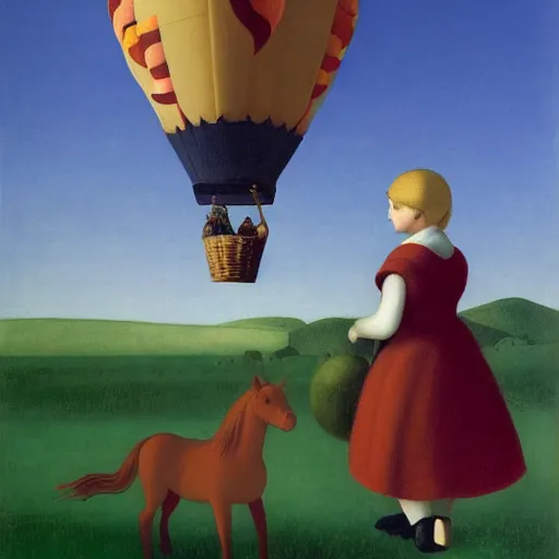 Image similar to a girl and her horse enjoy a hot-air balloon show by Raphael, Hopper, and Rene Magritte. detailed, romantic, enchanting, trending on artstation.