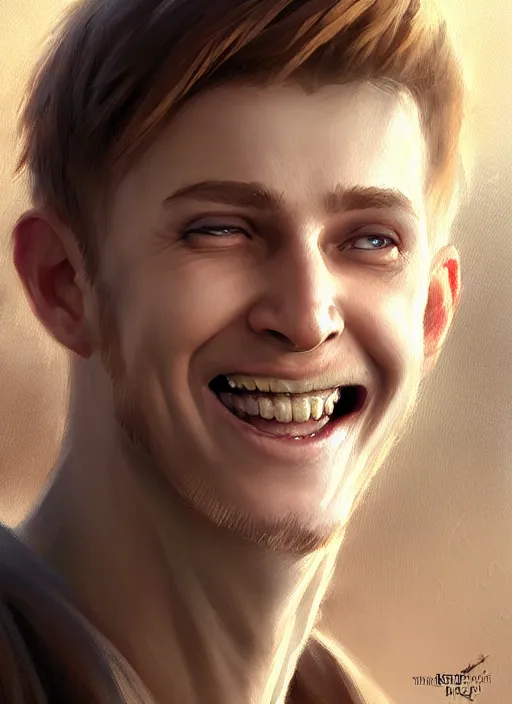 Image similar to a _ fantasy _ style _ portrait _ painting _ of white male short fringe light brown hair short face grinning, rpg dnd oil _ painting _ unreal _ 5 _ daz. _ rpg _ portrait _ extremely _ detailed _ artgerm _ greg _ rutkowski _ greg