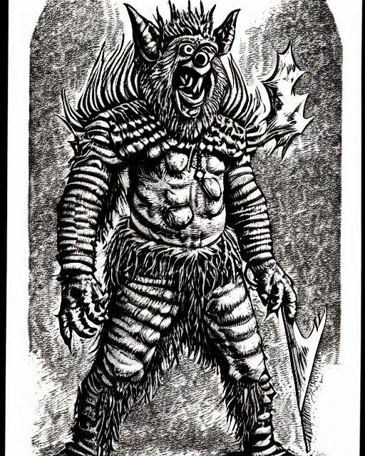 Image similar to alf as a d & d monster, pen - and - ink illustration, etching, by russ nicholson, david a trampier, larry elmore, 1 9 8 1, hq scan, intricate details, high contrast, no background