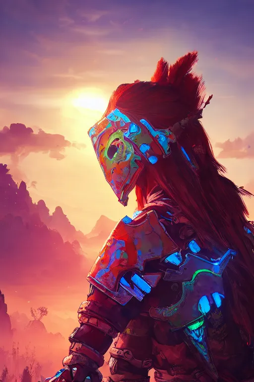 Image similar to combination suit armor aloy horizon forbidden west horizon zero dawn radiating a glowing aura global illumination ray tracing hdr fanart arstation by ian pesty and alena aenami artworks in 4 k tribal robot ninja mask helmet backpack