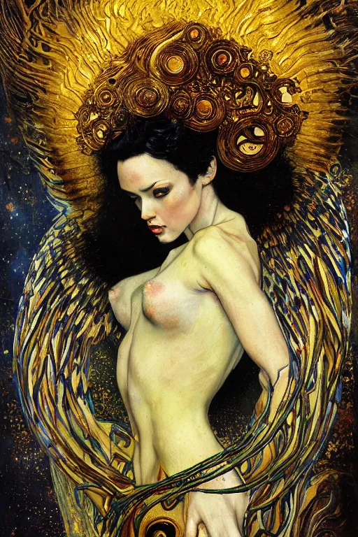 Image similar to Intermittent Chance of Chaos Muse by Karol Bak, Jean Deville, Gustav Klimt, and Vincent Van Gogh, beautiful portrait of Rebirth, Loki's Pet Project, Poe's Angel, Surreality, inspiration, imagination, muse, otherworldly, fractal structures, arcane, ornate gilded medieval icon, third eye, spirals