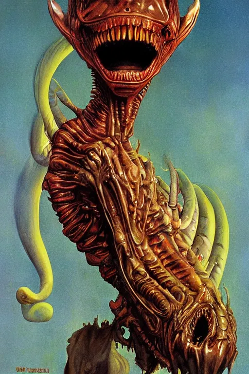 Prompt: alien monster by wayne barlow, norman rockwell, boris vallejo
