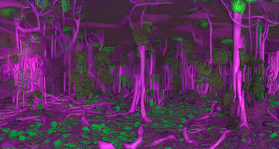 Image similar to vaporwave 3d Render of deep sea forest, grainy, noisy