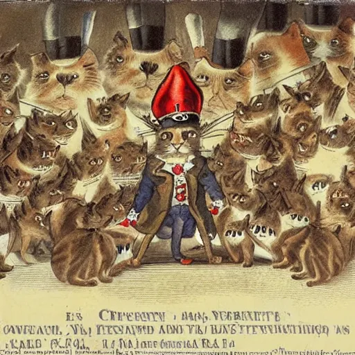 Image similar to a cat wearing napoleon's hat with a crowd of cats wearing helmets behind him. they're on a road.