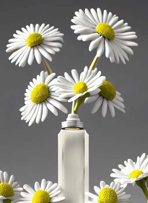 Image similar to perfume bottle standing in white enchanted coral garden of daisies, roses in an ivory room well contoured smooth fair walls, up close shot, sharp focus, global illumination, radiant light, alexandre ferra white mecha, irakli nadar, octane highly render, 4 k, ultra hd,