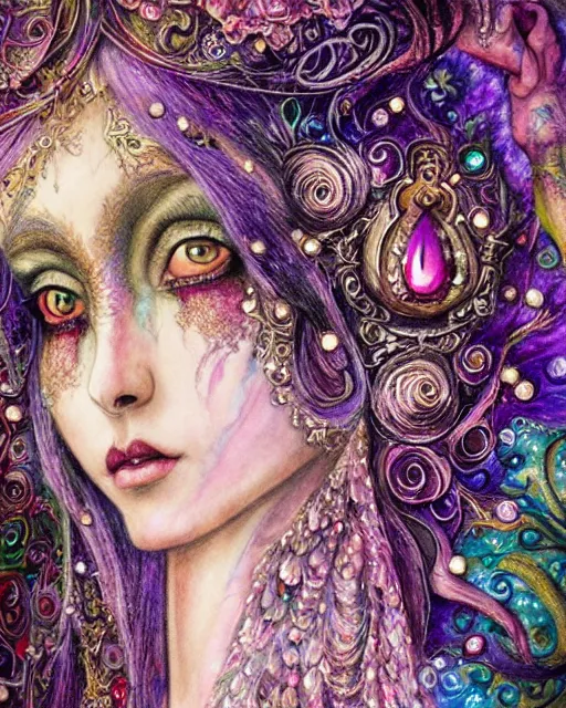 Prompt: josephine wall water colored pencils baroque bedazzled gothic royalty frames surrounding a pixelsort highly detailed portrait of a detailed pencil portrait with watercolor of a beautiful monster high doll, by sabrina eras, alice x. zhang, agnes cecile, blanca alvarez