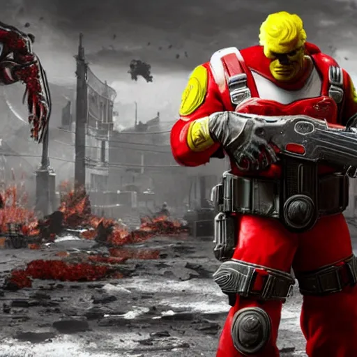 Image similar to ronald mcdonald in gears of war, cinematic shot, hyperdetailed