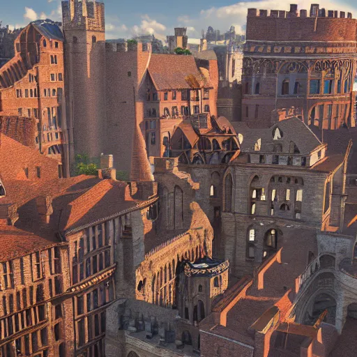 Prompt: Aerial long shot of epic medieval city of epic stone-brick buildings with european arched doorways, crenellated balconies, wood ornaments, flagpoles, tiny ornate windows, planned by Syd Mead, Arnold Render, Quixel Megascans