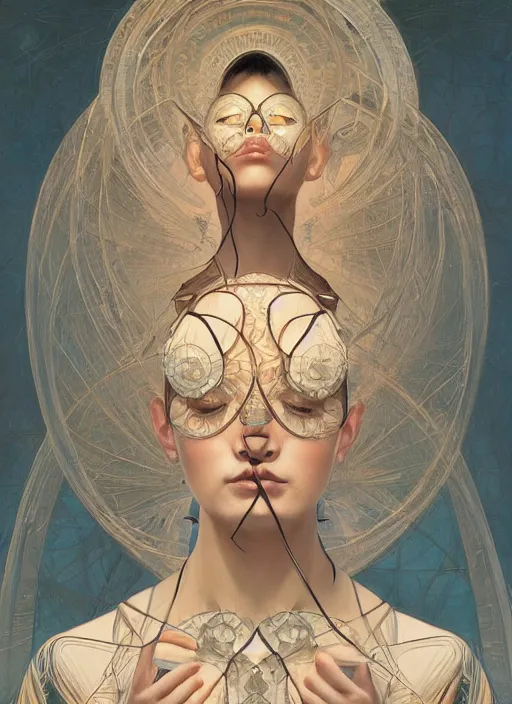 Image similar to symmetry!! beauty, machine parts embedded into face, intricate, elegant, highly detailed, digital painting, surrealistic, artstation, concept art, smooth, sharp focus, illustration, art by artgerm and greg rutkowski and alphonse mucha, 8 k