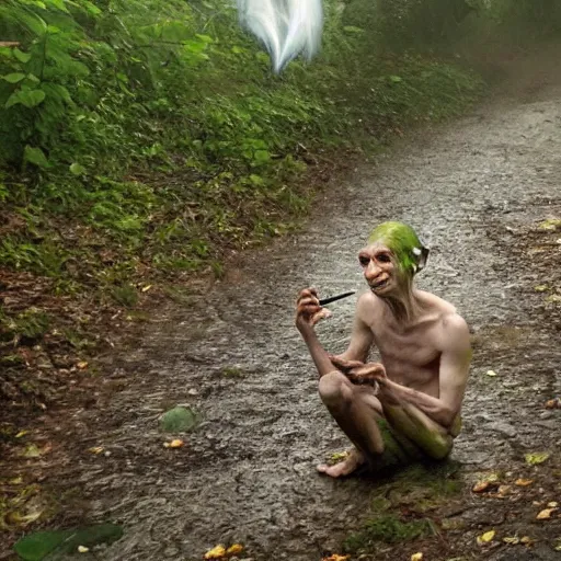 Image similar to gollum smoking cig in rain, trail cam