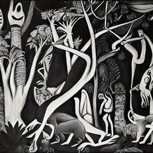 Image similar to black and white painting of the jungle with jungle animals, el guernica style,