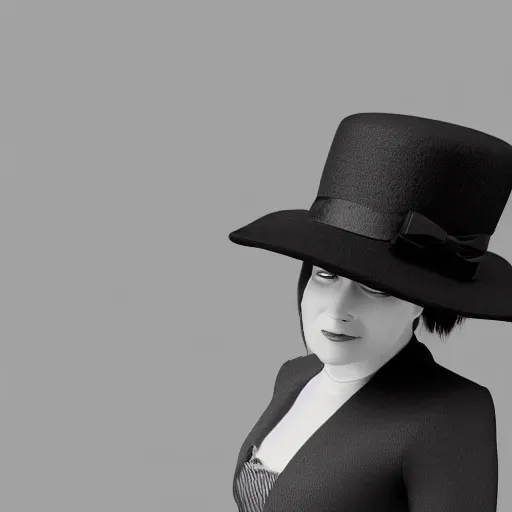 Image similar to portrait of a woman wearing a bowler hat, digital art, ambient occlusion, fresnel effect, subsurface scattering.