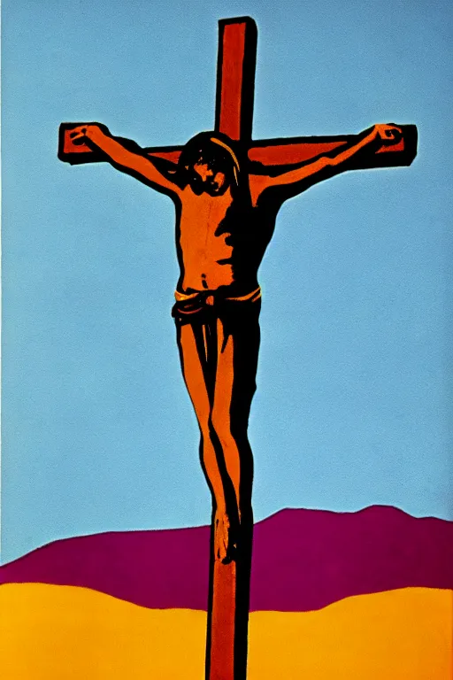 Image similar to jesus christ crucified and ufos in the background painted by andy warhol