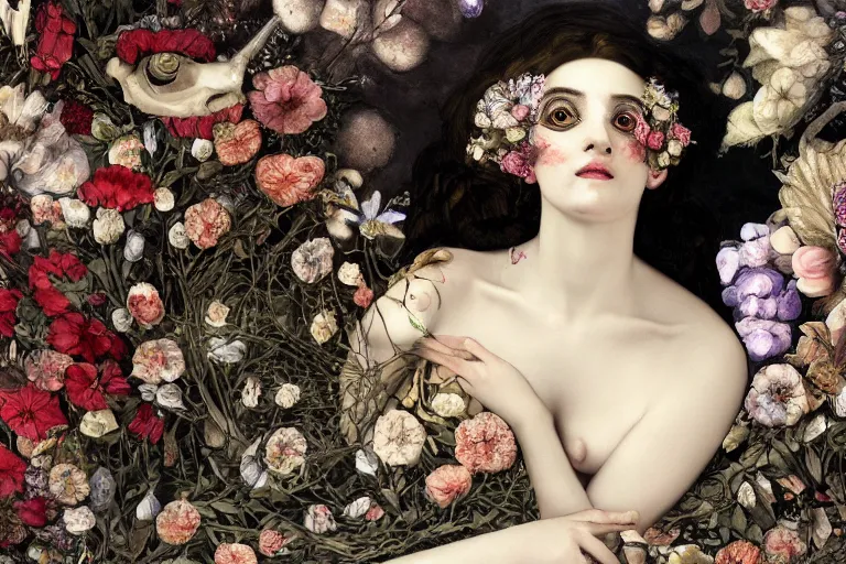 Image similar to a greek goddess dreaming about her mortality, lying on a bed of flowers and bones, large eyes and lips, HD Mixed media collage, depth of field, liminal space, highly detailed and intricate, surreal illustration in the style of Caravaggio, baroque dark art