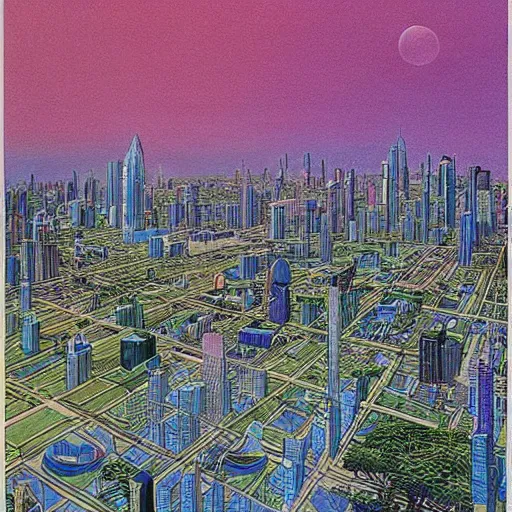 Prompt: City of the future in harmony with nature. Beautiful detailed painting by moebius (1975).