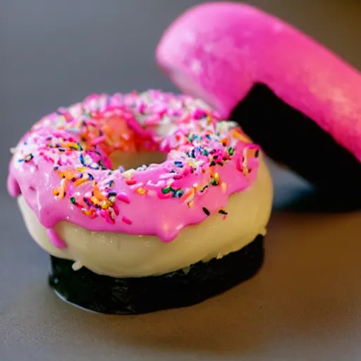 Prompt: a photo of a sushi doughnut with sprinkles and pink frosting