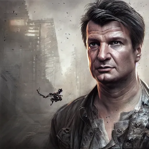 Image similar to Very very very very highly detailed epic central composition photo of Nathan Fillion face, intricate, dystopian, sci-fi, extremely detailed, digital painting, smooth, sharp focus, illustration, intimidating lighting, incredible art by Brooke Shaden, artstation, concept art, Octane render in Maya and Houdini