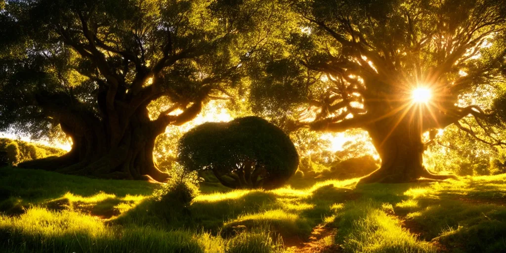 Image similar to magical hobbits shire. big old tree above. golden hours