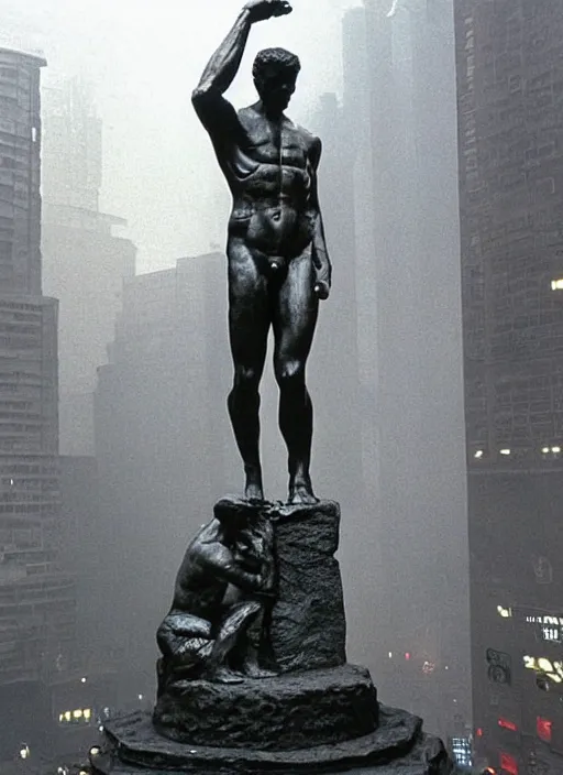 Prompt: giant the thinker statue in the blade runner ( 1 9 8 2 ) city