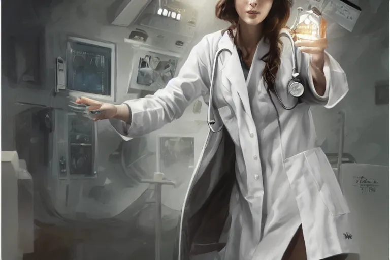 Image similar to a poster of emergency room, an elegant and beautiful female doctor in a white coat, cinematic, highly detailed, digital painting, artstation, concept art, matte, sharp focus, illustration, art by artgerm and greg rutkowski
