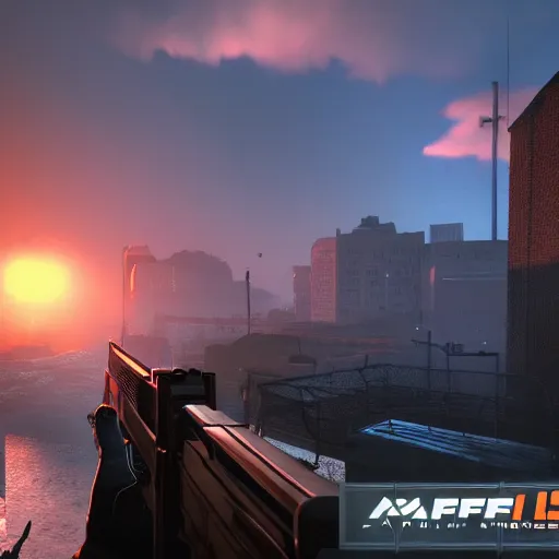 Image similar to a Half life 2 level from the 2004 PC game Half life, gameplay screenshot, stunning volumetric light, sunset, stunning skies, majestic landscape, trending on Artstation, 8k, photorealistic, detailed, unreal engine 5, IMAX quality, cinematic, epic lighting, in the style of Viktor Antonov