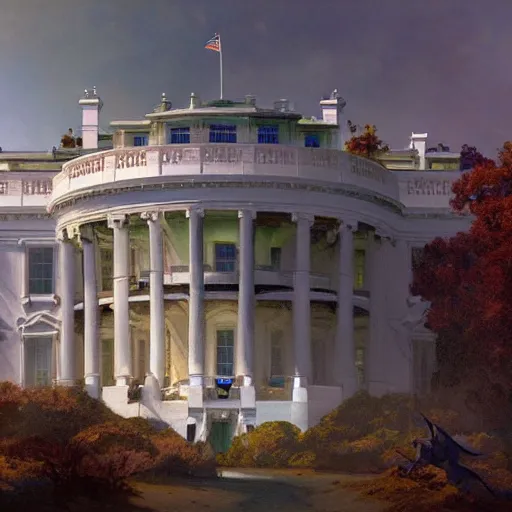 Image similar to detailed cinematic wide shot of the futuristic diselpunk rendition of the white house that has existed millions of years into the future where humans evolved to be solarpunk, ultra realistic, spring light, painting by gaston bussiere, craig mullins, j. c. leyendecker