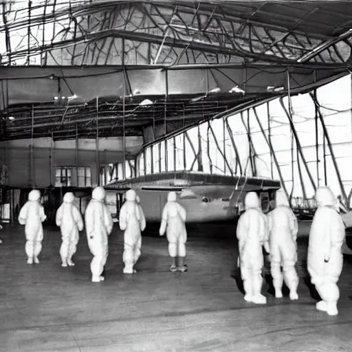 Image similar to an alien ship inside a hanger, old photo, vintage photo, grainy, realistic, real photo, men in hazmat suits standing around