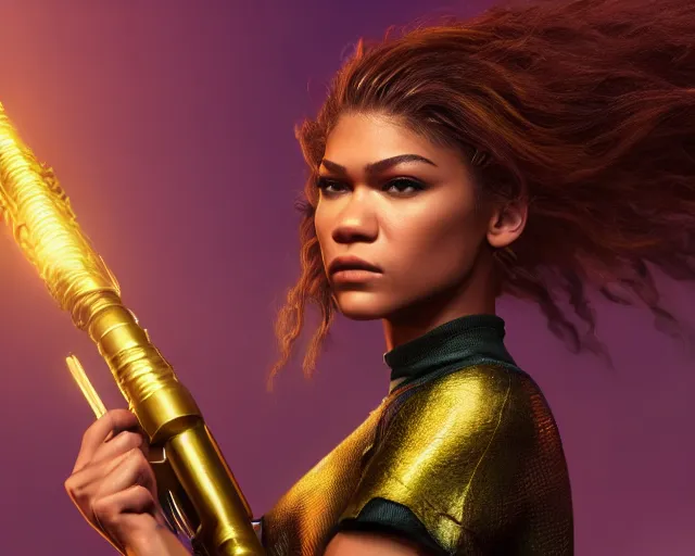 Prompt: Zendaya in heroic pose with weapon, cinematic, 4k, hyper realistic, super detailed, colorful accents, purple hair, golden ratio, symmetrical face, highly detailed professional photo, centered, rim lights, vray caustics, hyper realistic