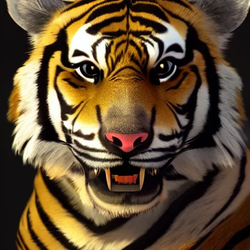 Image similar to portrait of an antropomorphic bengal tiger berserker, wild look, mattepainting concept blizzard pixar maya engine on stylized background splash comics global illumination lighting artstation, sharp focus, norman rockwell