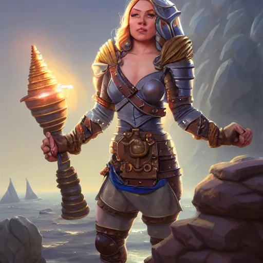 Prompt: muscular female gnome engineer artificer, metal gauntlet, naval landscape, full body portrait, d & d, fantasy, intricate, elegant, highly detailed, digital painting, artstation, centred, rule of thirds, concept art, matte, sharp focus, illustration, cover by artgerm, art by greg rutkowski