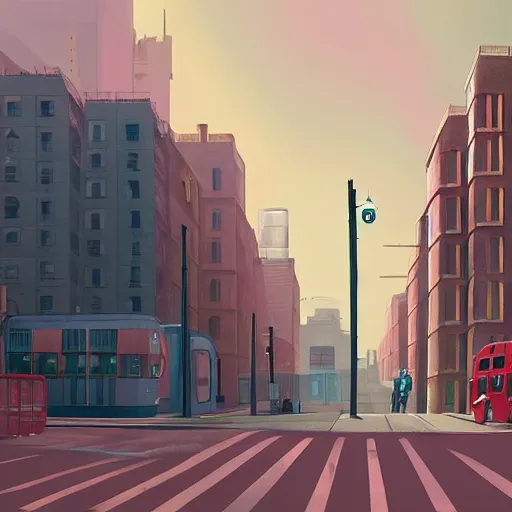 Prompt: empty London streets in the style of Simon Stalenhag