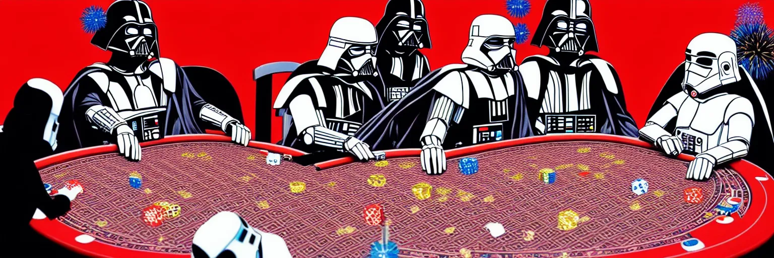 Image similar to hyperrealism composition of the detailed woman in a japanese kimono sitting at an extremely detailed poker table with darth vader and stormtrooper, ( ( r 2 d 2 ) ), ( ( c 3 po ) ), fireworks on the background, pop - art style, jacky tsai style, andy warhol style, acrylic on canvas